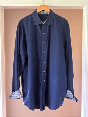 Robert Graham Navy Long-Sleeve Dress Shirt with Contrast Trim